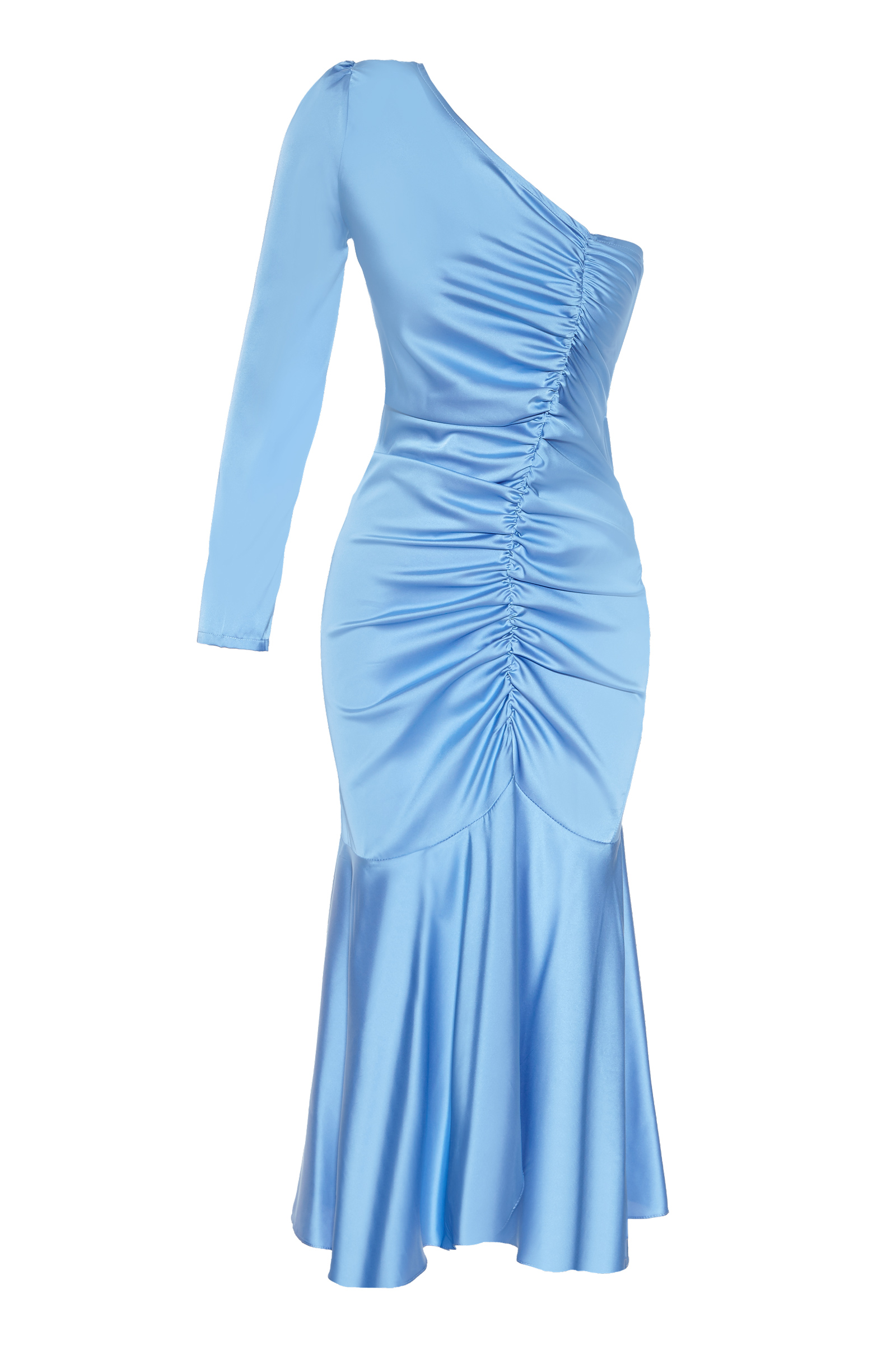 Blue Satin One Arm Maxi Dress