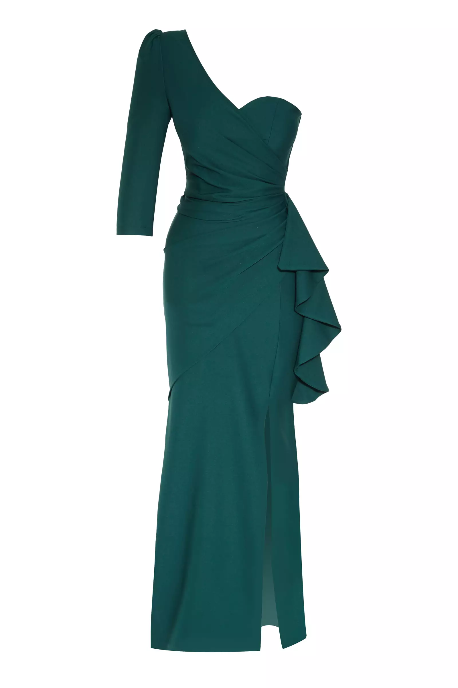 Green Crepe One Arm Maxi Dress